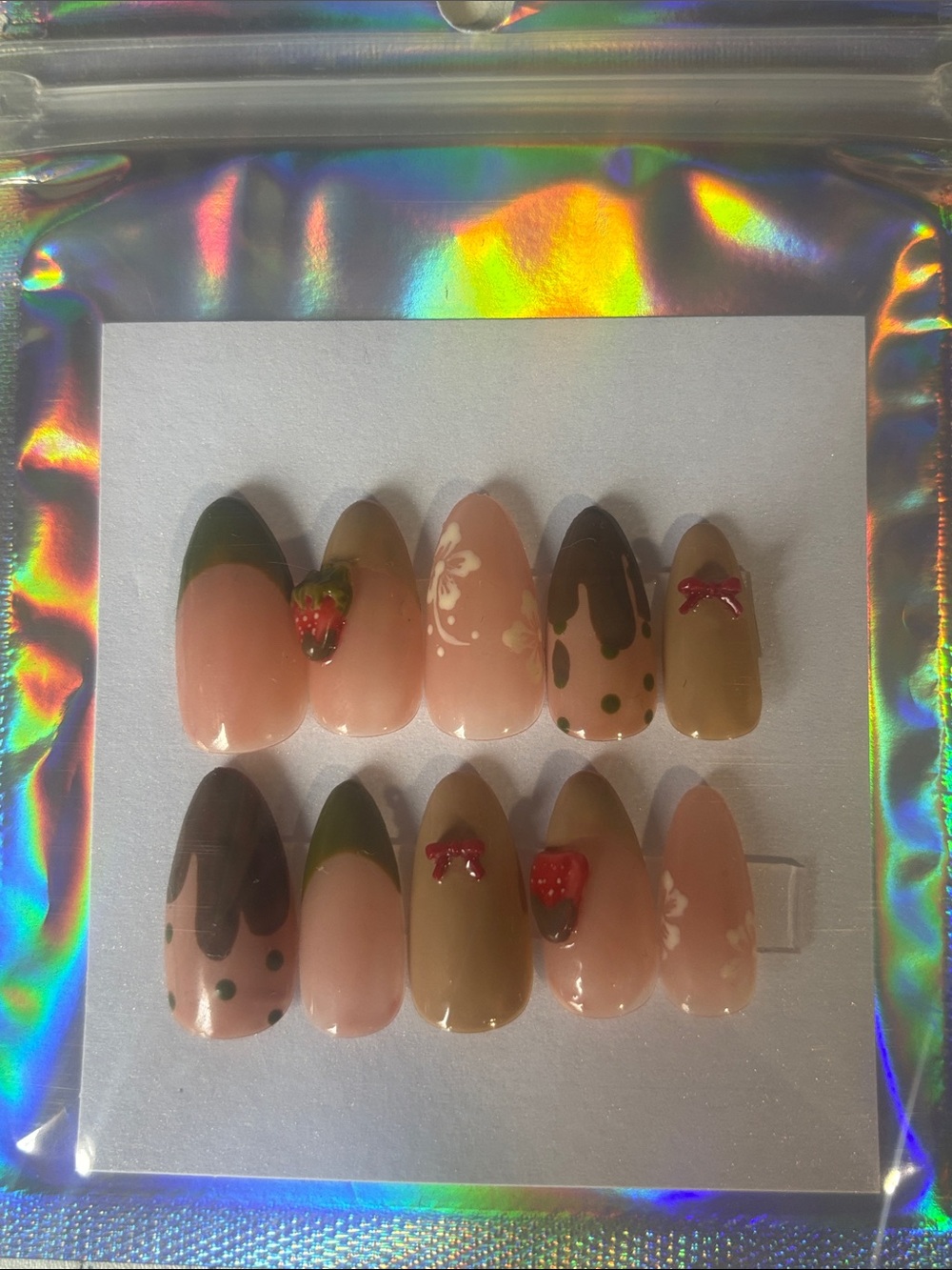 Custom Dubai Chocolate strawberry Press-on Nails Almond shape/Small